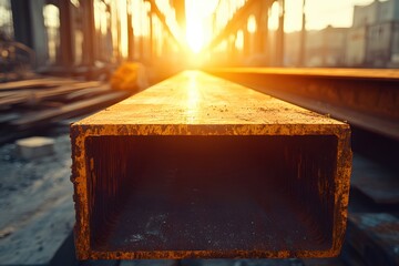 Poster - Industrial Metal Beam at Sunset with Warm Light and Shallow Depth of Field Focus