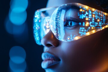 Poster - A scientist in a futuristic lab, with glowing blue digital screens in the background