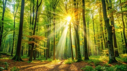 Poster - Sunbeams illuminate a forest path, casting a golden glow through the verdant canopy, creating a scene of tranquility and natural beauty.