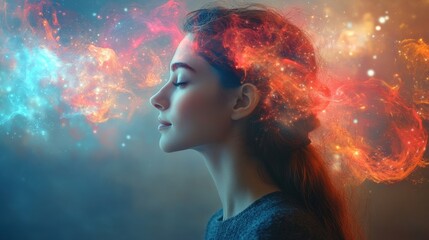 Poster - Side profile of a woman with long hair surrounded by colorful abstract light explosion