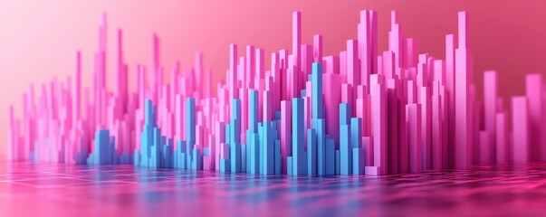 Poster - A vibrant digital landscape of colorful bars in pink and blue, representing data visualization or sound waves against a soft gradient background.