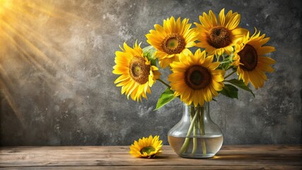 Aufkleber - A bouquet of sunflowers in a glass vase, set against a rustic backdrop, bathed in the warm glow of sunlight