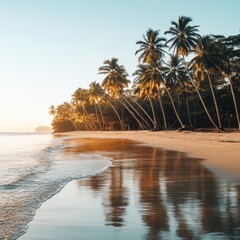 Fototapete - Sunrise illuminates a tropical beach with palm trees reflecting on calm waters in an idyllic coastal location. Generative AI