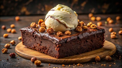 Poster - Fudgy Brownie Topped with a Scoop of Vanilla Ice Cream and Drizzled with Chocolate, Decorated with Toasted Hazelnuts, Served on a Wooden Cutting Board