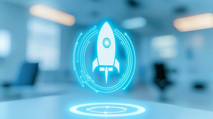 Poster - Innovative Business Growth Concept with a Hovering Rocket, symbolizing progress and creativity, set against a minimalist background, emphasizing clarity and open potential.