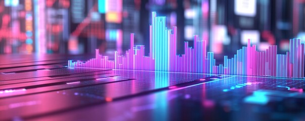 Poster - A vibrant, digital waveform graphic displays colorful bars, symbolizing data visualization and technology in a futuristic environment.