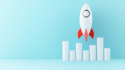 Poster - AI-Enhanced Business Growth, a dynamic illustration of AI-driven analytics showcasing growth through vibrant charts and a rocket symbolizing ambitious progress in a minimalist setting.