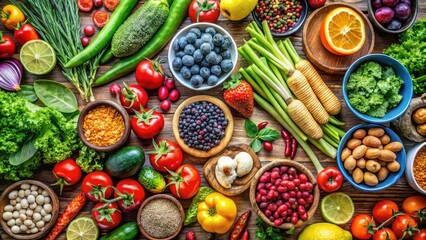 Poster - A vibrant assortment of fresh produce and spices displayed on a rustic wooden surface, showcasing the abundance of nature's bounty.