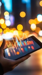 Aufkleber - Hand holding a tablet displaying digital data analytics against a blurred city night background