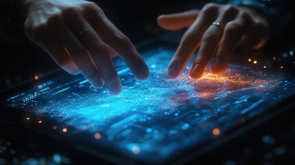 Poster - Person using computer with glowing screen and futuristic data visualization interface displayed