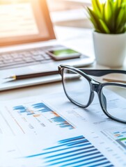 Aufkleber - Close-up of glasses resting on financial reports with a laptop and plant in a modern workspace