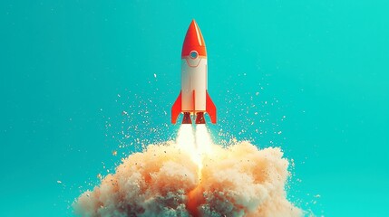Poster - Next Unicorn Startup, an intergalactic rocket soaring through a vast expanse, symbolizing innovation and ambition in a clean, minimalist environment.