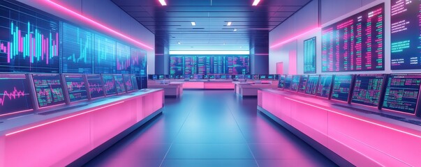 Poster - A modern trading room with vibrant pink lighting and multiple screens displaying financial data and stock graphs.