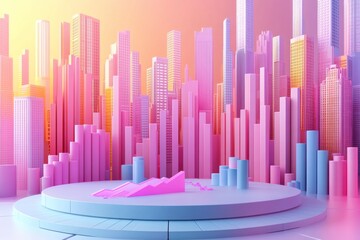 Poster - A vibrant, abstract cityscape featuring pastel-colored skyscrapers and a circular platform, evoking a futuristic and artistic atmosphere.