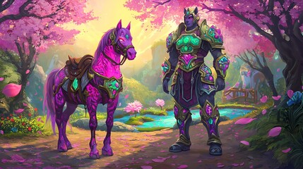 Fantasy warrior and magical steed in spring blossom setting