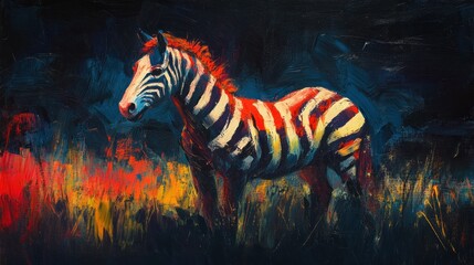 Canvas Print - Vibrant Zebra in a Night Landscape: An Artistic Impression