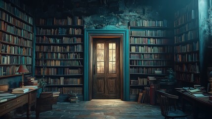 Poster - Vintage library room featuring bookshelf door and cozy reading space with natural light