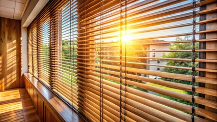 Aufkleber - Wooden Blinds Open to the Sun's Golden Rays, Illuminating a Tranquil View of Green Trees and Sunlight Filtering Through the Slats
