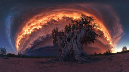 Canvas Print - Ancient tree, storm clouds, desert night sky