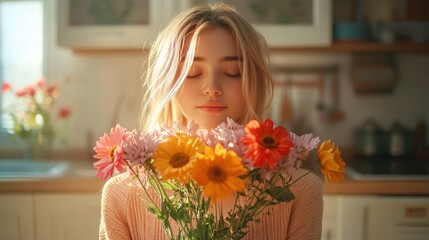 Poster - Woman in kitchen holding colorful bouquet of fresh flowers with natural light background