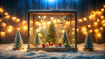 Poster - A Miniature Winter Wonderland with a Christmas Tree Enclosed in a Glass Box, Illuminated by Festive Lights and Surrounded by Snow