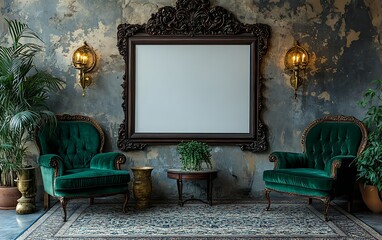 Wall Mural - Elegant lounge, ornate frame, green chairs, textured wall, interior design mockup