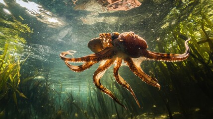 Canvas Print - Underwater Octopus in Kelp Forest: A Stunning Ocean Encounter