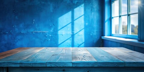 Aufkleber - A close-up of a light blue wooden table surface with a blurred background of a blue wall and a window