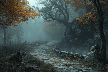 Wall Mural - Mysterious foggy path surrounded by autumn foliage in a tranquil forest setting