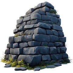 Poster - Ancient Stone Wall with Greenery Isolated on White Background Detailed Texture and Light