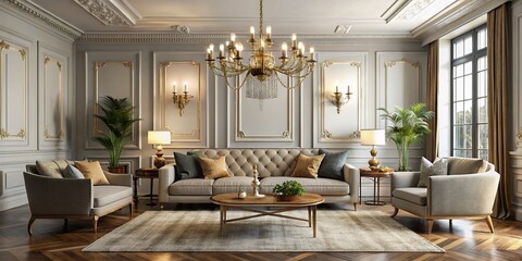 Wall Mural - Minimalist Luxurious Living Room: Classic Furniture & Chandelier Stock Photo