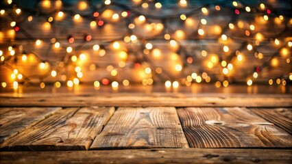Aufkleber - A rustic wooden tabletop illuminated by a bokeh of warm festive lights