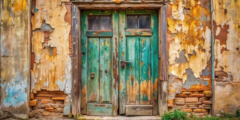 Poster - A weathered wooden door, painted a faded teal, stands amidst a wall crumbling with age, revealing layers of brick and flaking paint.