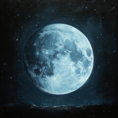 Wall Mural - Blue moon rising over dark landscape, starry night sky, cosmic scene