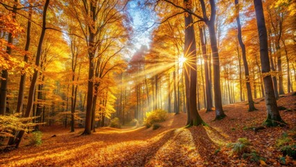 Poster - Golden Rays of Sunlight Pierce Through a Dense Autumn Forest, Illuminating the Path and Casting Long Shadows on the Fallen Leaves