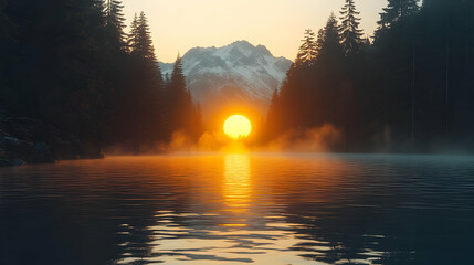 Canvas Print - Sunrise Over Snowy Mountain Lake with Foggy Forest