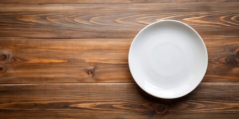 Aufkleber - A Clean White Plate Resting Atop A Wooden Table, Ready To Be Filled With A Delicious Meal