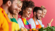 © Jirawatfoto - group of diverse individuals wearing colorful aprons, including rainbow design, joyfully preparing fresh vegetables together in vibrant kitchen setting. Pride month health awareness concept