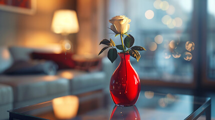 Wall Mural - A bold red vase holding a single white rose, standing on a glass coffee table with a softly blurred living room and warm lighting in the background.