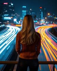 Poster - Urban Contemplation Woman Gazing at City Lights and Traffic Flow at Night Long Exposure