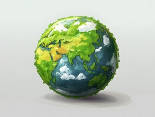 Poster - Artistic Earth Globe Depicting Continents and Oceans in Green and Blue Tones on White Background