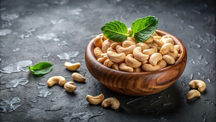 Poster - A wooden bowl filled with cashew nuts and garnished with fresh green leaves, resting on a dark textured surface.