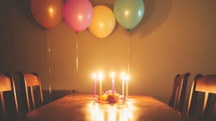 Poster - Colorful birthday table decorated with balloons and glowing candles at a festive gathering during evening celebration. Generative AI