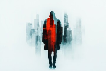 Poster - A 3D-rendered floating city with futuristic skyscrapers forming a grand background behind a cybernetic traveler