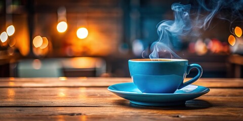 Poster - A steaming cup of coffee rests on a wooden table, bathed in the warm glow of ambient lighting.