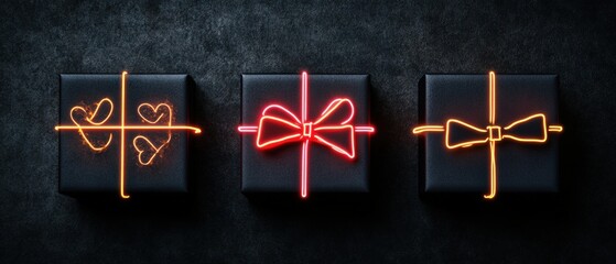 Wall Mural - Three neon signs featuring a heart and bow beside a black gift box with a red neon ribbon glow