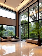 Wall Mural - Modern interior of a spacious living room with large windows overlooking a lush green garden