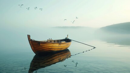 Poster - A yellow wooden boat drifts silently on still water, enveloped in a soft morning fog while birds gracefully fly above. The peaceful atmosphere captivates the senses.