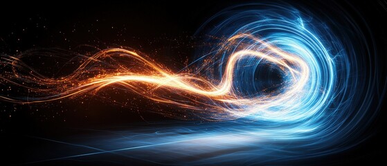 Poster - blue and orange swirl abstract background with light trails in a tunnel on a black backdrop