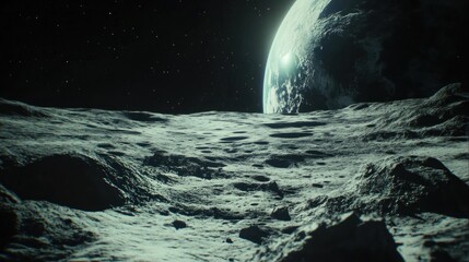 Wall Mural - Lunar surface, Earthrise, space exploration, cratered landscape, starry background, science fiction